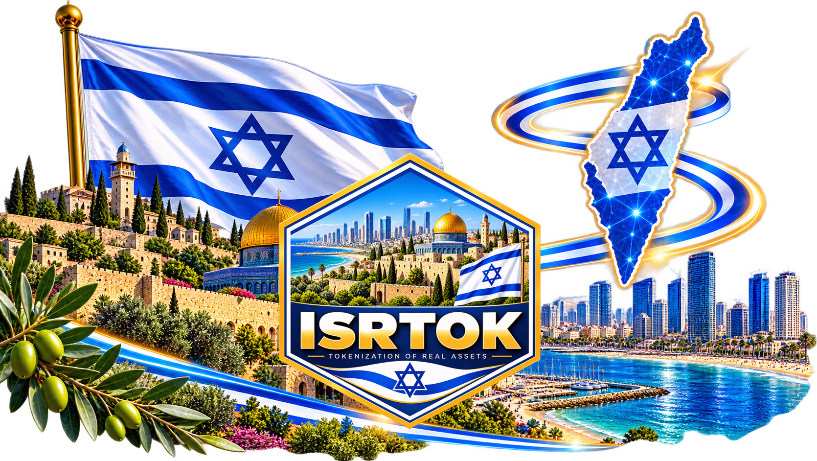 Tokenization of Israel – Israeli flag, digital map, Jerusalem, technology and modern infrastructure